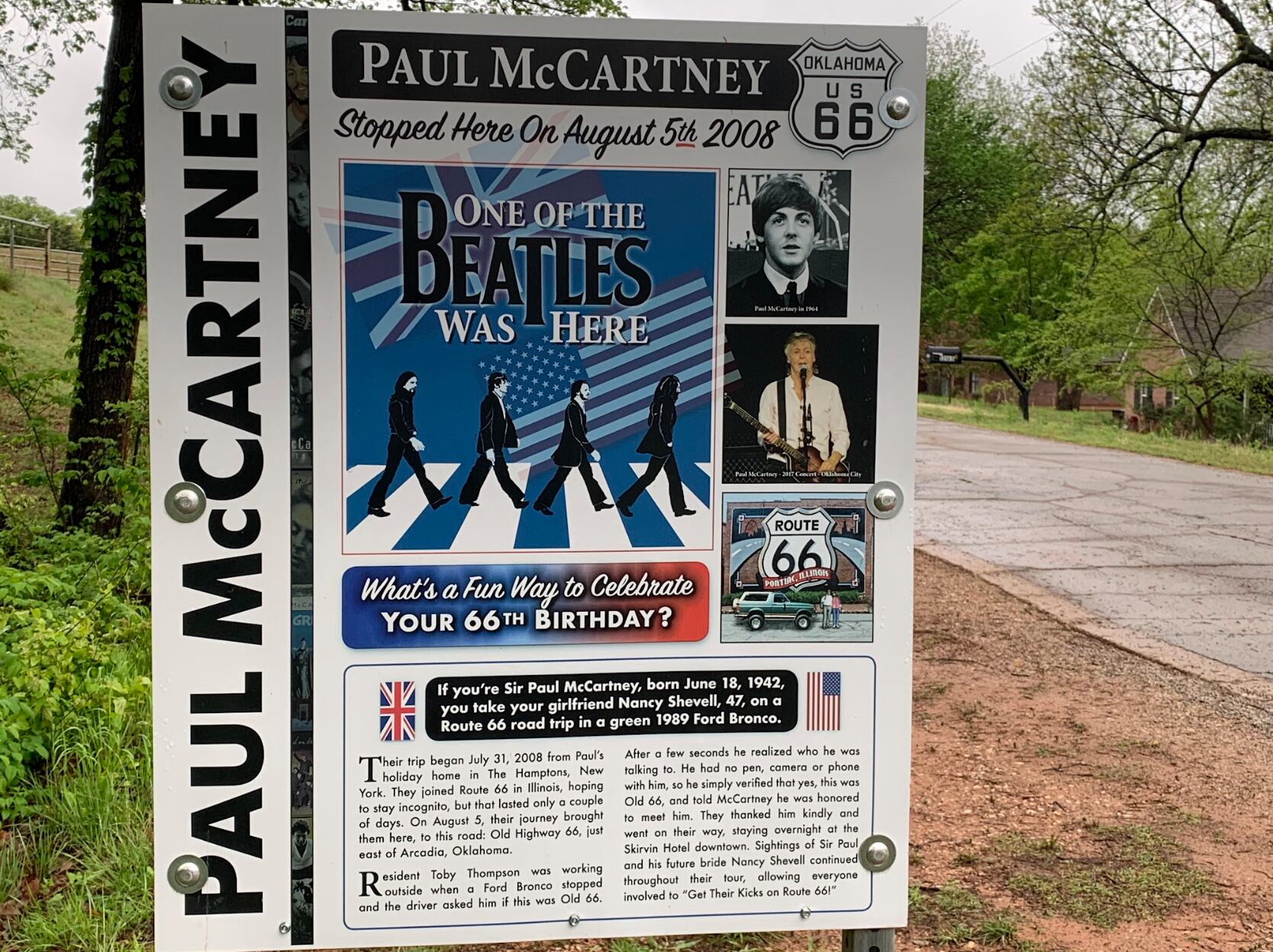 A sign marking one of the stops Paul McCartney made on his 2008 cross-country Route 66 road trip.