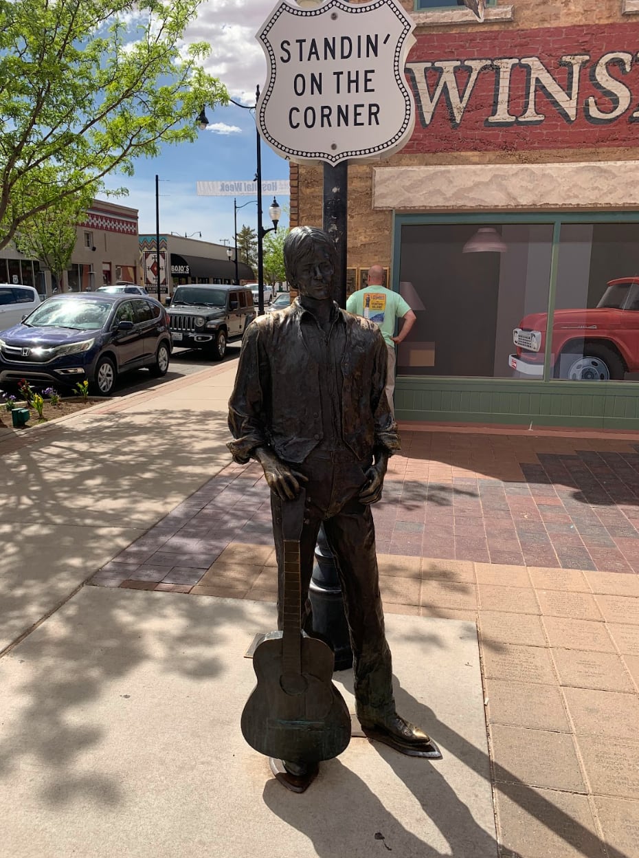 A statue of Eagles singer Glenn Frey stands at the corner of Winslow, Arizona.