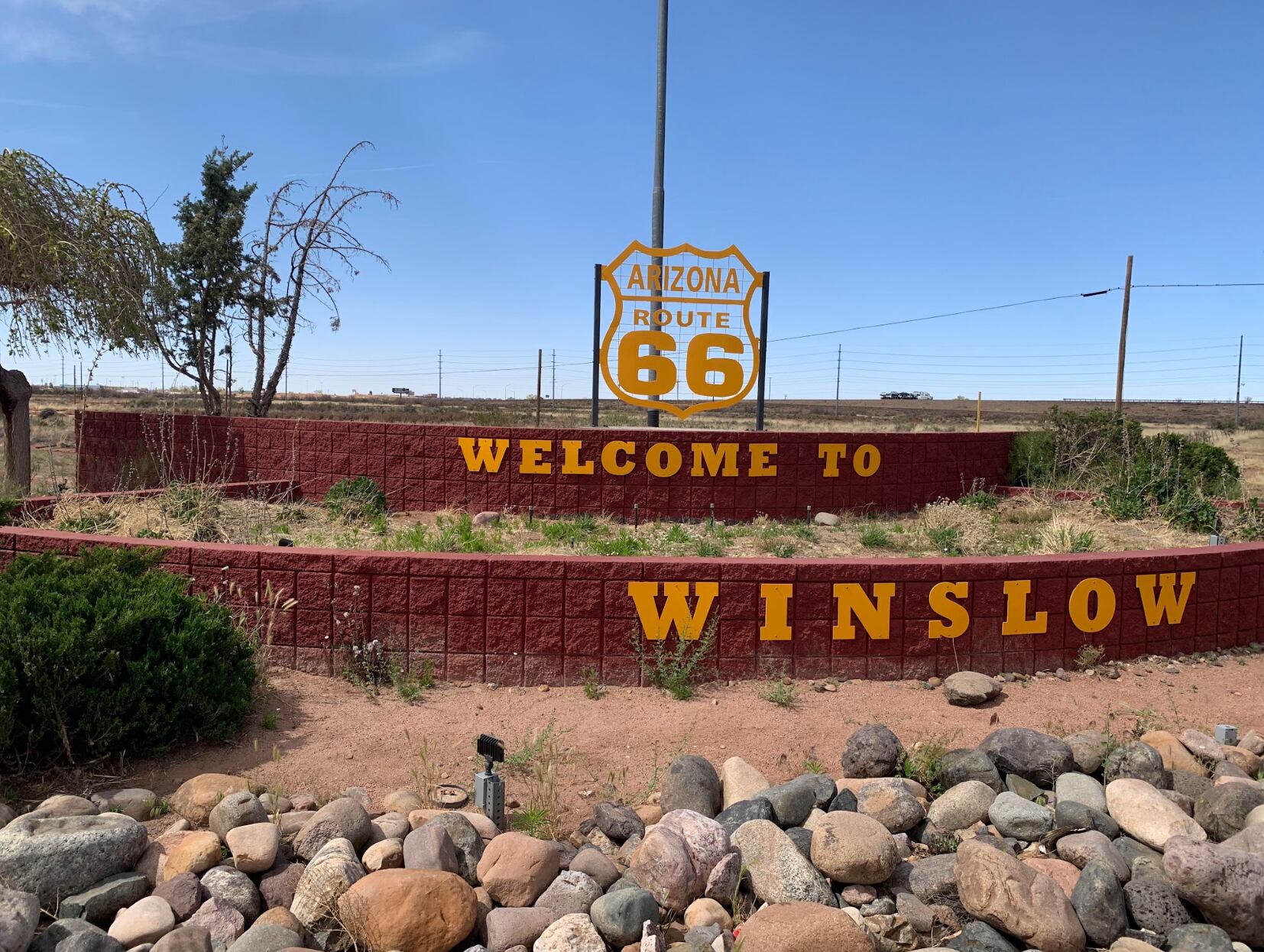 A route 66 shield welcomes guests to Winslow, AZ