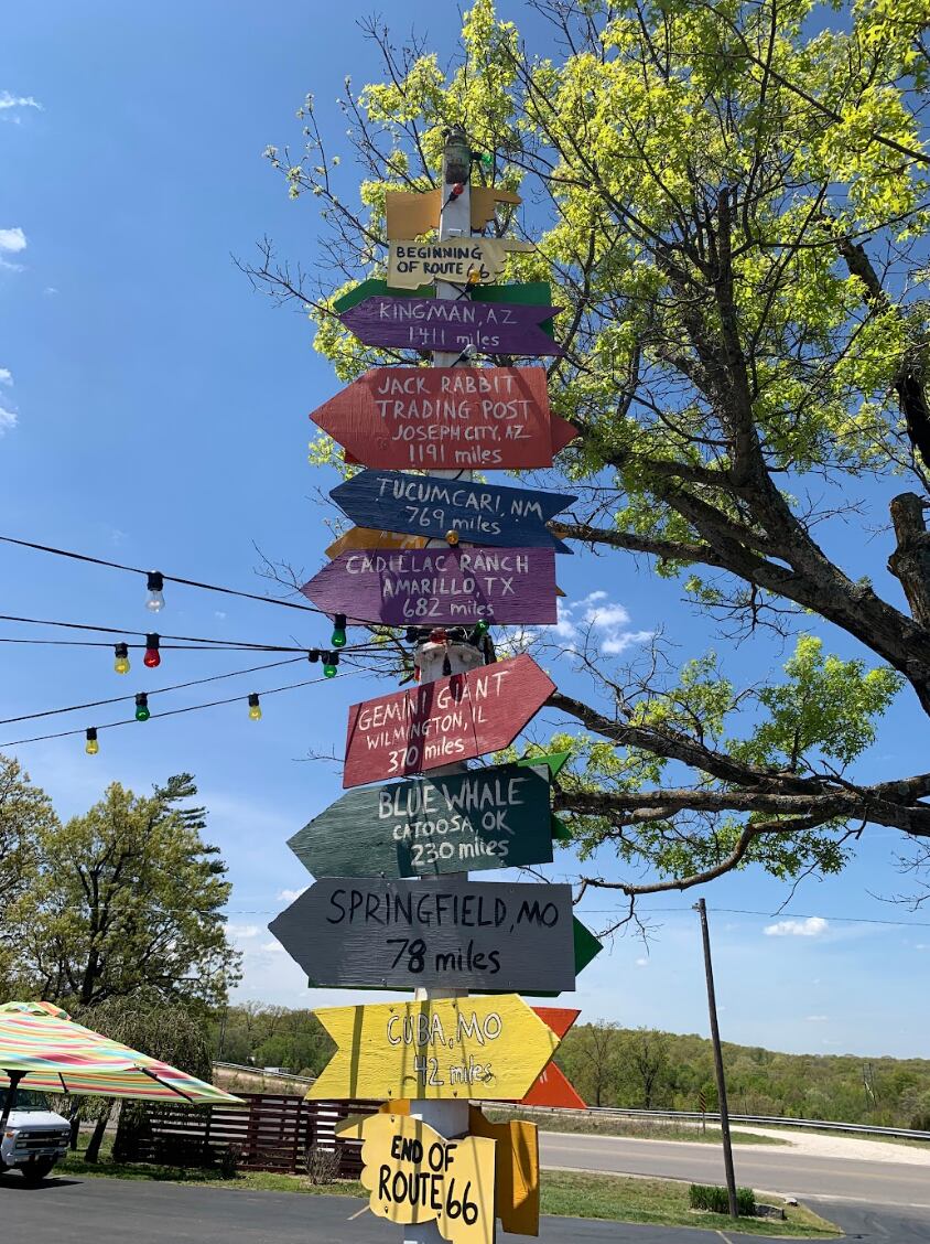 A signpost at Uranus Fudge Factory, a modern roadside attractions on Route 66, points to other iconic sights along the mother road.