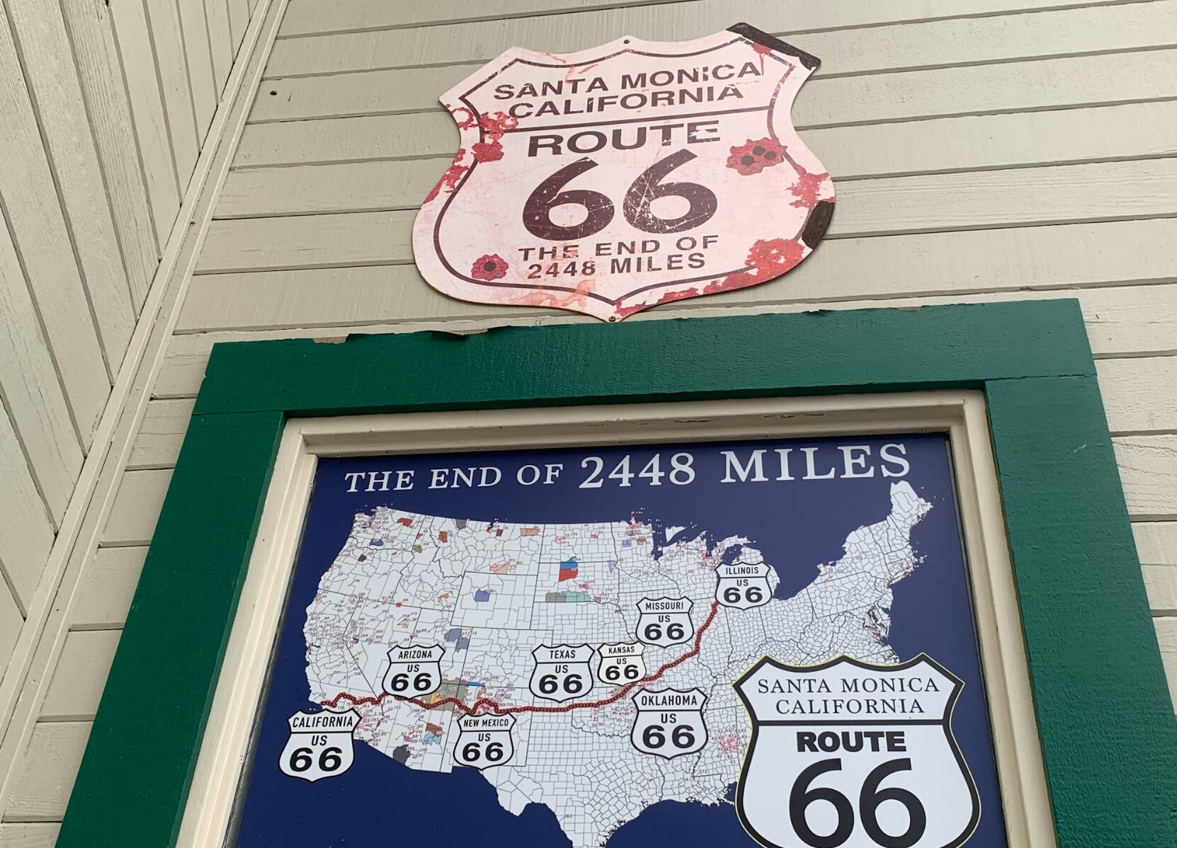 A map at the pier recounts the 2,448 mile journey it took to get from Chicago to the Pacific ocean. 