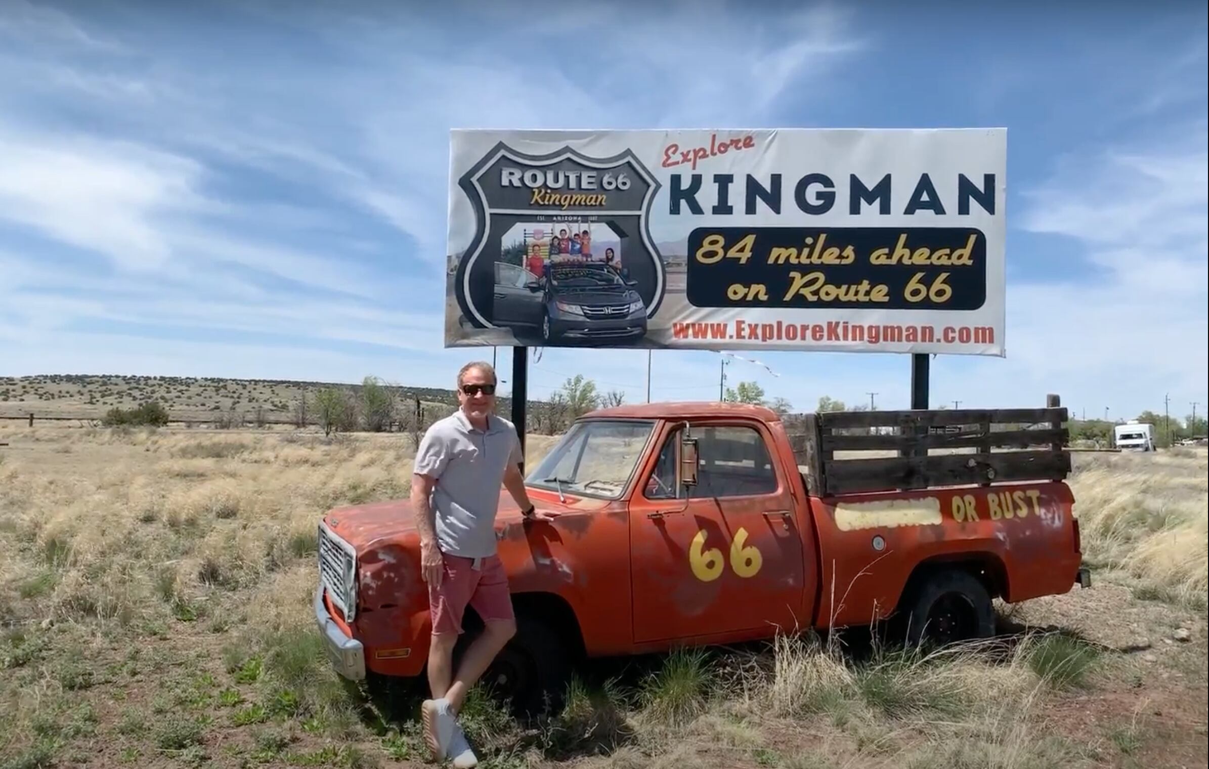 A billboard advertising the popular Route 66 town of Kingman, home to the drive-thru Route 66 shield.