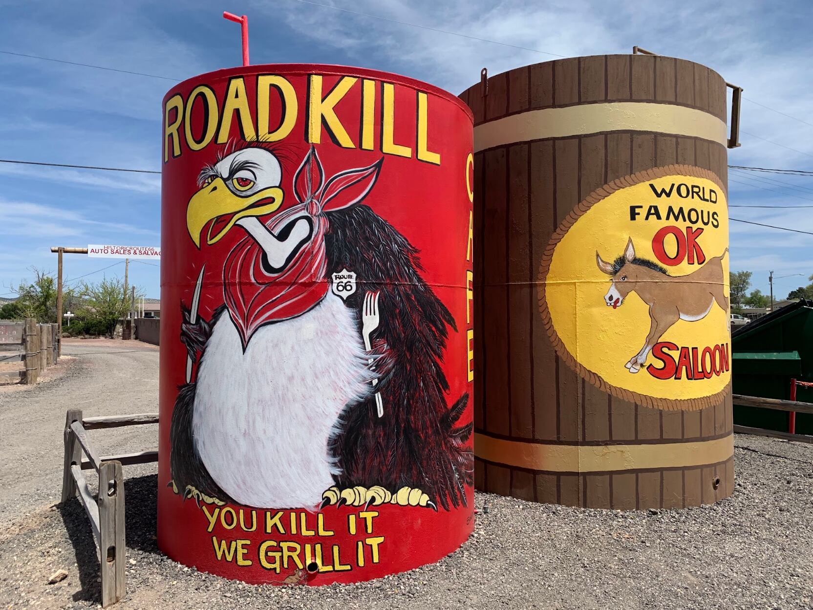 Giant barrel murals welcome travelers to the famed Roadkill Cafe and O.K. Saloon in  Seligman, AZ.